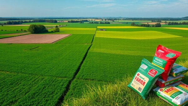 Disruption of global agriculture visualized by lush fields and packaged seeds.