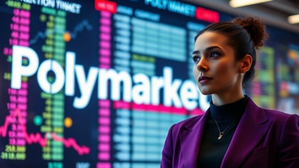 Polymarket display and woman in blazer with prediction market theme.
