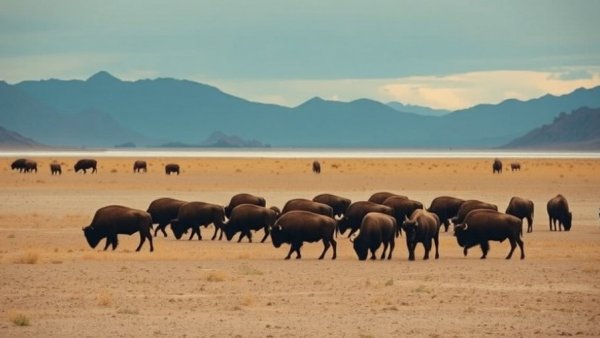 Bison grazing on Great Salt Lake bed, serene landscape view.