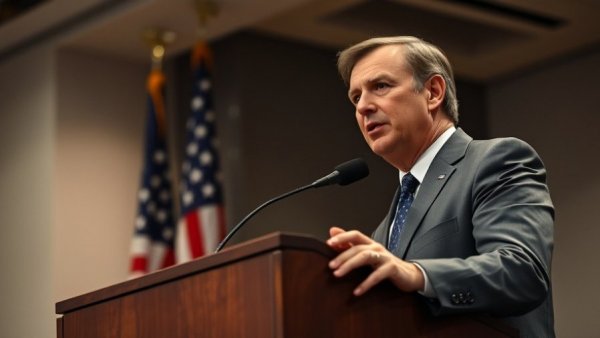 Speaker gesturing at podium with American flag backdrop