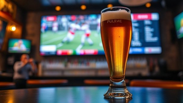 Beer glass on table with pub background and TV screen