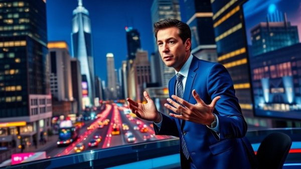 Host gesturing in studio with cityscape background