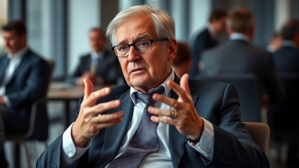 Man in suit gesturing while seated in office setting.