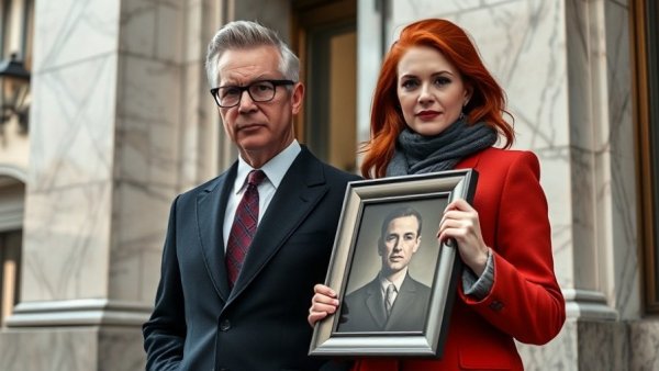 Middle-aged couple holding a photo outside a building.