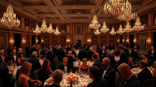Elegant attendees at a formal dinner in a chandelier-lit ballroom.