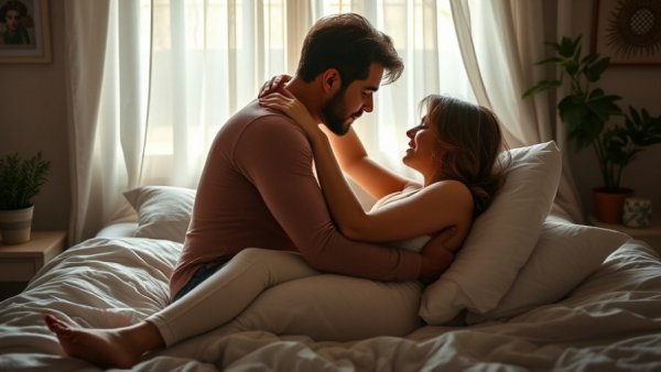 Intimate scene of two women kissing on a bed in natural lighting.