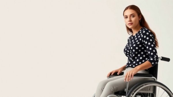 Young woman in wheelchair, confident expression, stylish outfit