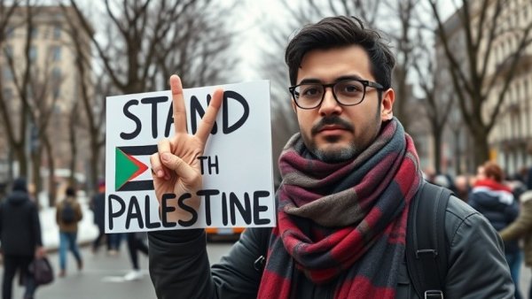 Protester in park holding sign supporting Palestine.