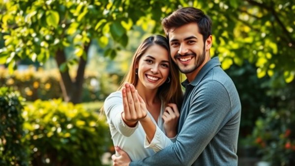 Happy couple with engagement ring in garden setting.