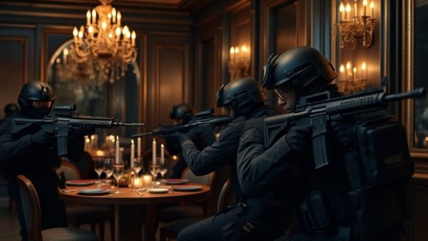 Tactical soldiers secure White House Correspondents' Dinner, intense scene.