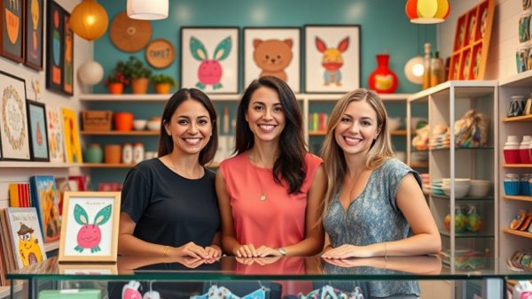 Queer women-owned brands represented by three women in a colorful store.