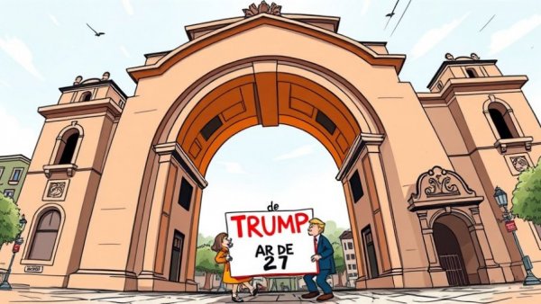 Cartoon of Arc de Trump with two figures discussing zoning.