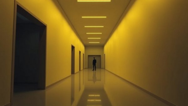 Long minimalist hallway with distant figure, showcasing Blender use in film.