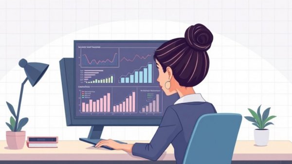 Businesswoman analyzing brand audit data, digital illustration.