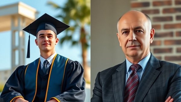 Young graduate and serious older man depicting normalization of violence in American politics.