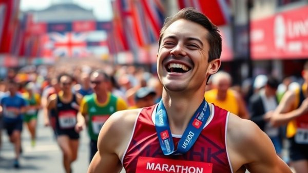 Marathon finisher smiling and holding medal at London Marathon finish.