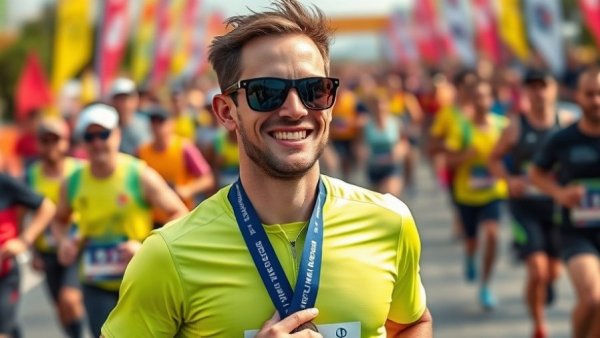 Happy marathon runner with medal at London Marathon finish line.