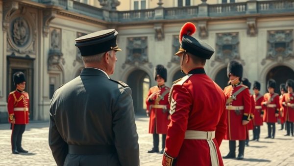 Regal figures observing royal guards in traditional attire during a formal event.