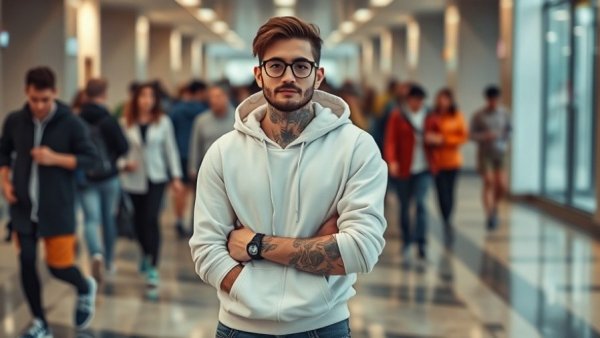 Young man in white hoodie at busy indoor location.