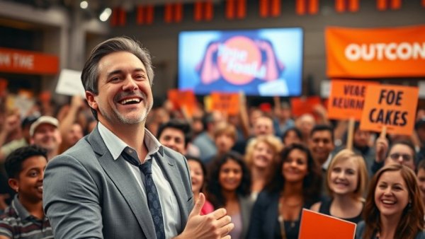 Energetic political rally with diverse supporters and smiling man on screen.