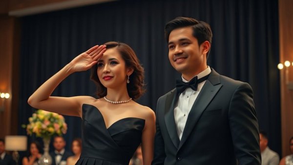 Formal event with elegant couple saluting indoors.