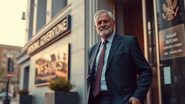 James Comey indictment image with a confident man exiting a government building.