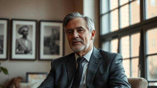 Mature man in a suit sitting calmly, background with framed photos, protecting democracy in America