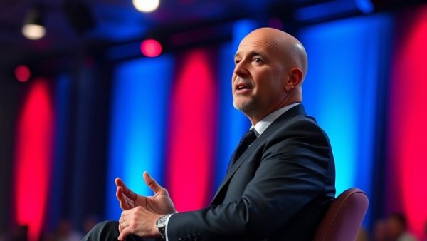 Man in a suit speaking on stage with conference backdrop, DOJ settlements Trump allies.
