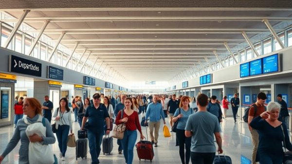 Crowded Canadian airport terminal with travelers and clear signage.