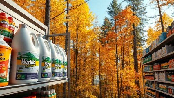 Herbicide containers and autumn forest, glyphosate use in U.S. forests contrast.
