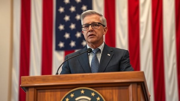 Confident man at podium with American flag backdrop; FISA 702 extension context.