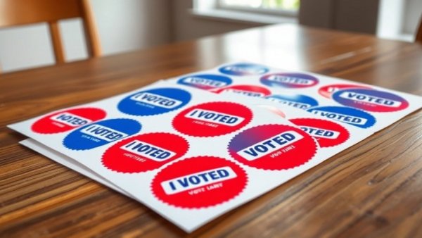 I Voted stickers on a table emphasizing participation in democracy.