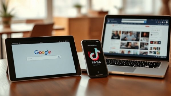 Digital devices showing Google, TikTok, and social media site discussion.