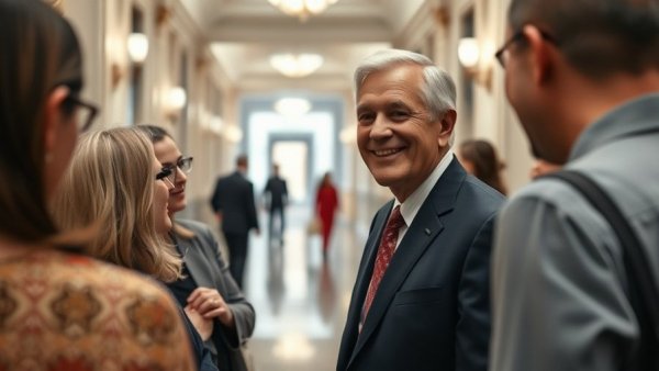 Smiling man in a suit surrounded by people, gas price claims accountability theme.
