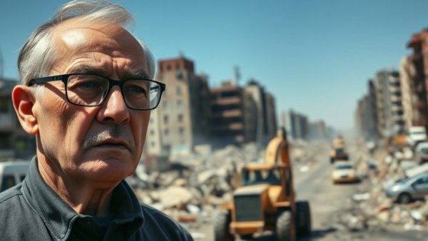 Somber older man with war-torn landscape, U.S. War Against Iran.