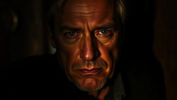 Cinematic portrait of man with shadowed face, intense expression.