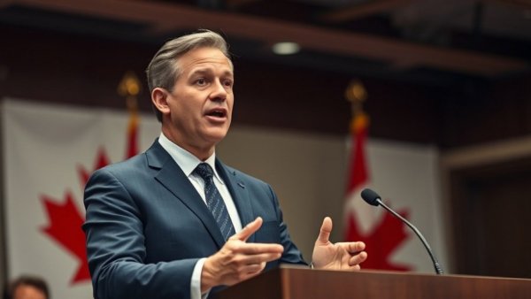 Middle-aged man speaking passionately, Canadian flag in background.