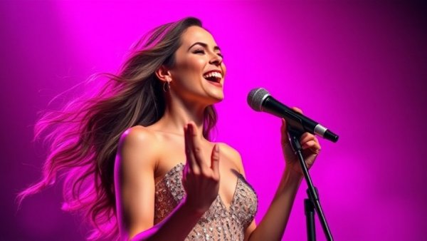 Woman singing with sparkly dress against dreamy background, AI deepfake scams.