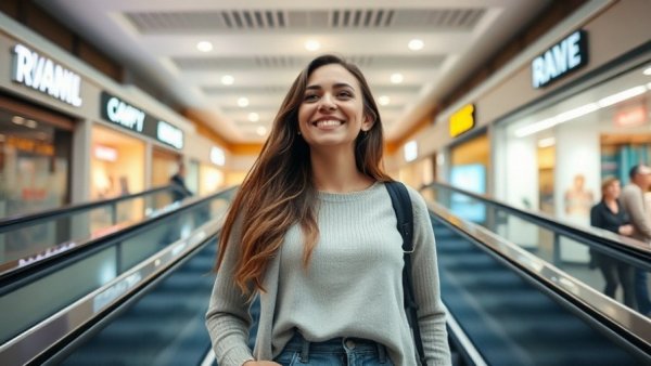 Young woman smiling on an escalator in a mall.