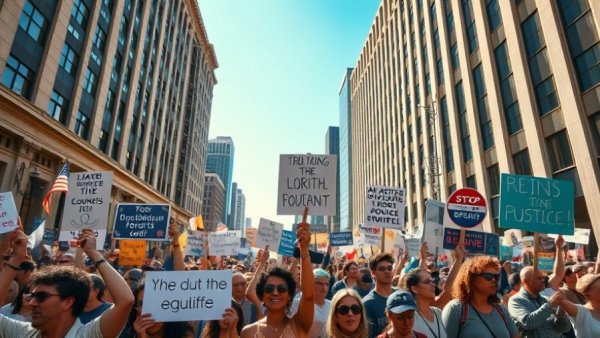Latest US protest updates showing a diverse crowd holding signs in city street.