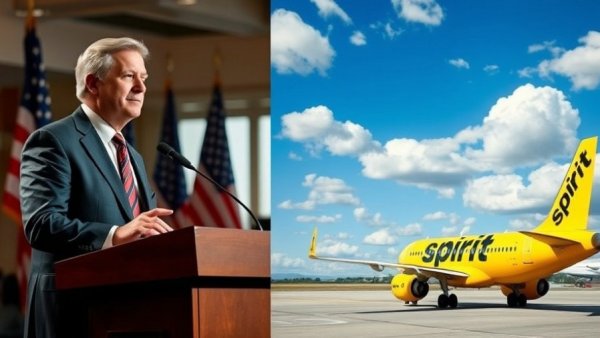 Speaker at podium with Spirit Airlines plane in the background, emphasizing Trump's Iran War Impact on Spirit Airlines.