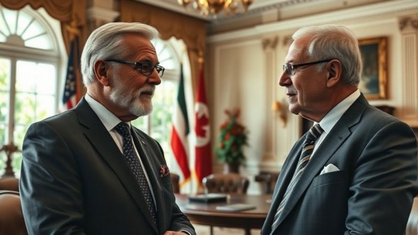 Two older men in official discussion in a flag-adorned room, emphasizing diplomatic ambiance.