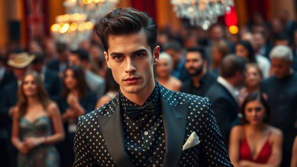 Connor Storrie at Met Gala 2026 in stylish black polka dot attire.