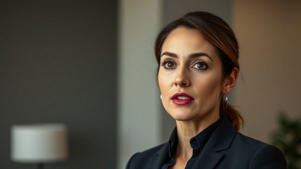 Close-up of professional woman speaking, serious expression, indoors.
