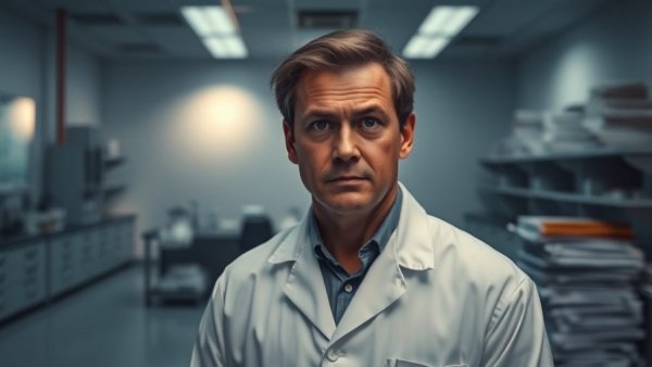 Scientist facing funding challenges in a sparse lab.