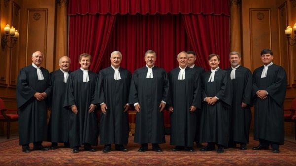 Supreme Court Justices formal portrait in front of red curtains.