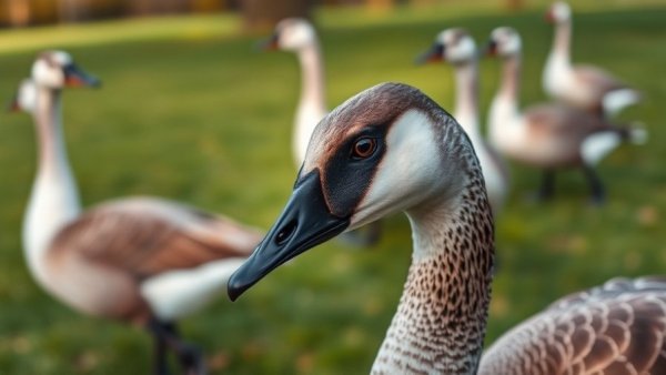 Canada goose grazing in park with blurred background geese.