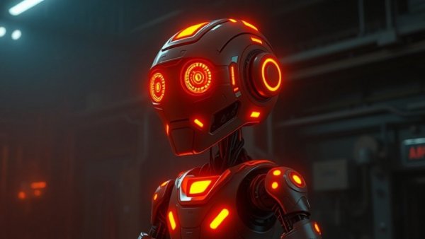 Futuristic AI machine with glowing lights in an industrial setting