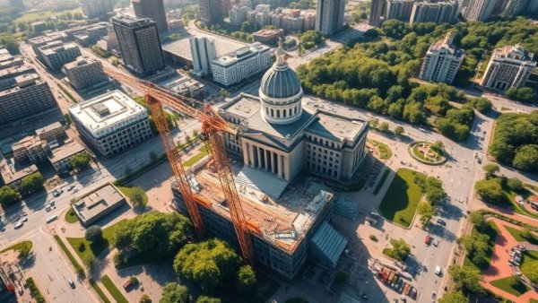 Aerial view of construction near iconic building with lush greenery.