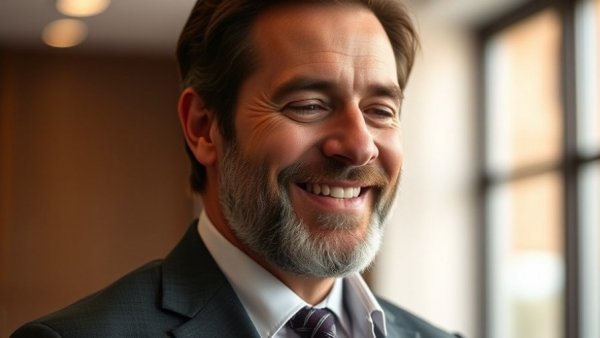 Middle-aged man in suit smiling indoors, soft lighting.
